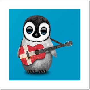 Baby Penguin Playing Danish Flag Guitar Posters and Art